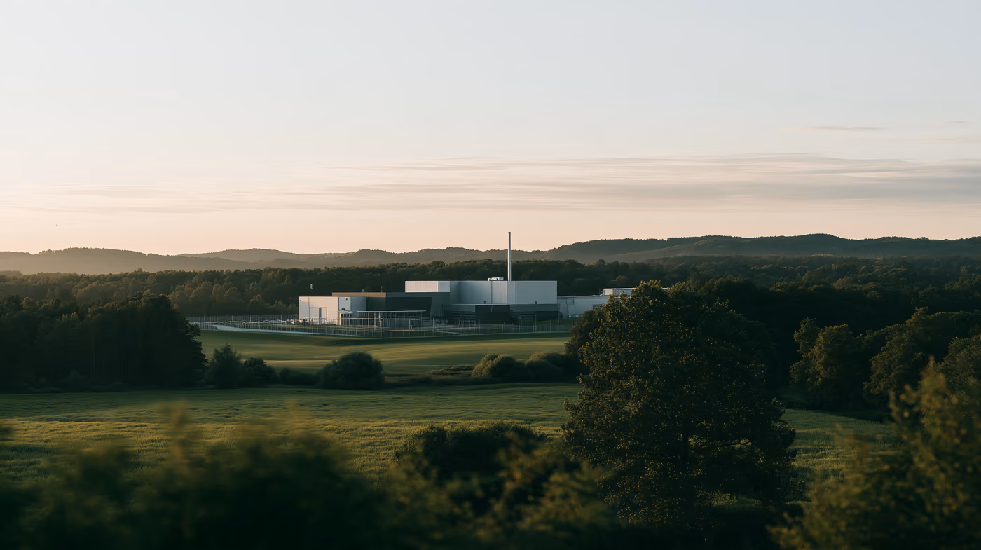 A low industrial building in open landscape at dusk.