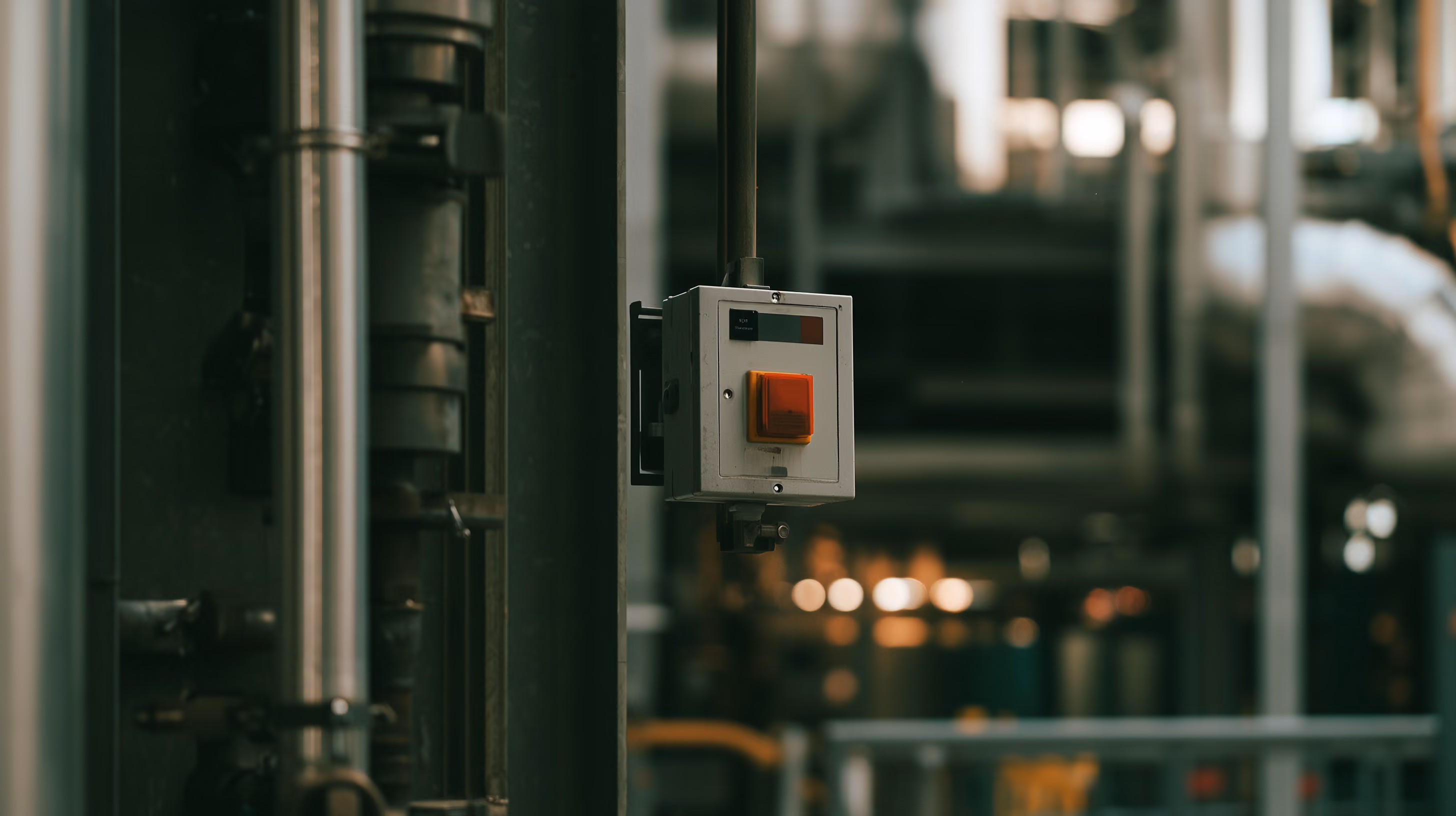 Industrial pipework, with a red manual call point on a column.
