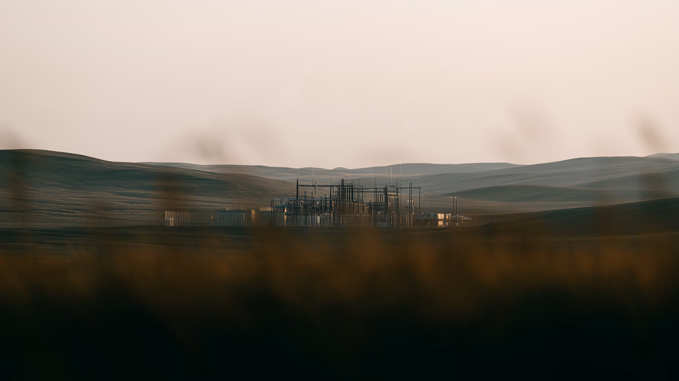 A switchyard with pylons and lines at dusk.