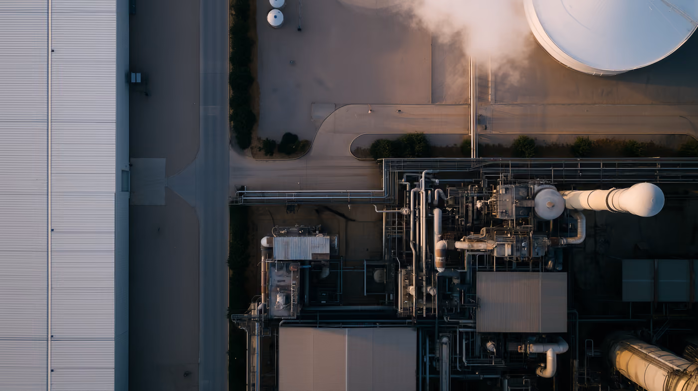 An aerial view of pipework at an industrial plant.