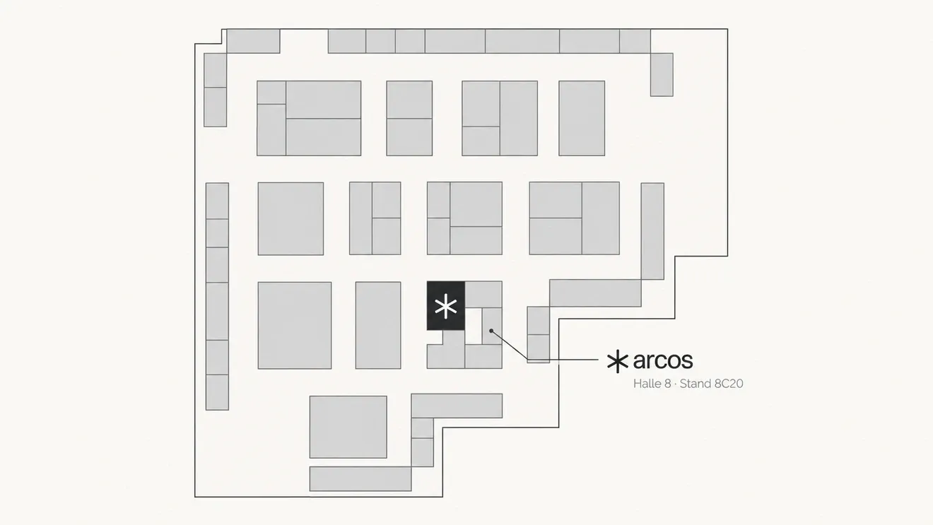 Floor plan of hall 8 with the Arcos stand 8C20 marked in the middle of the hall.