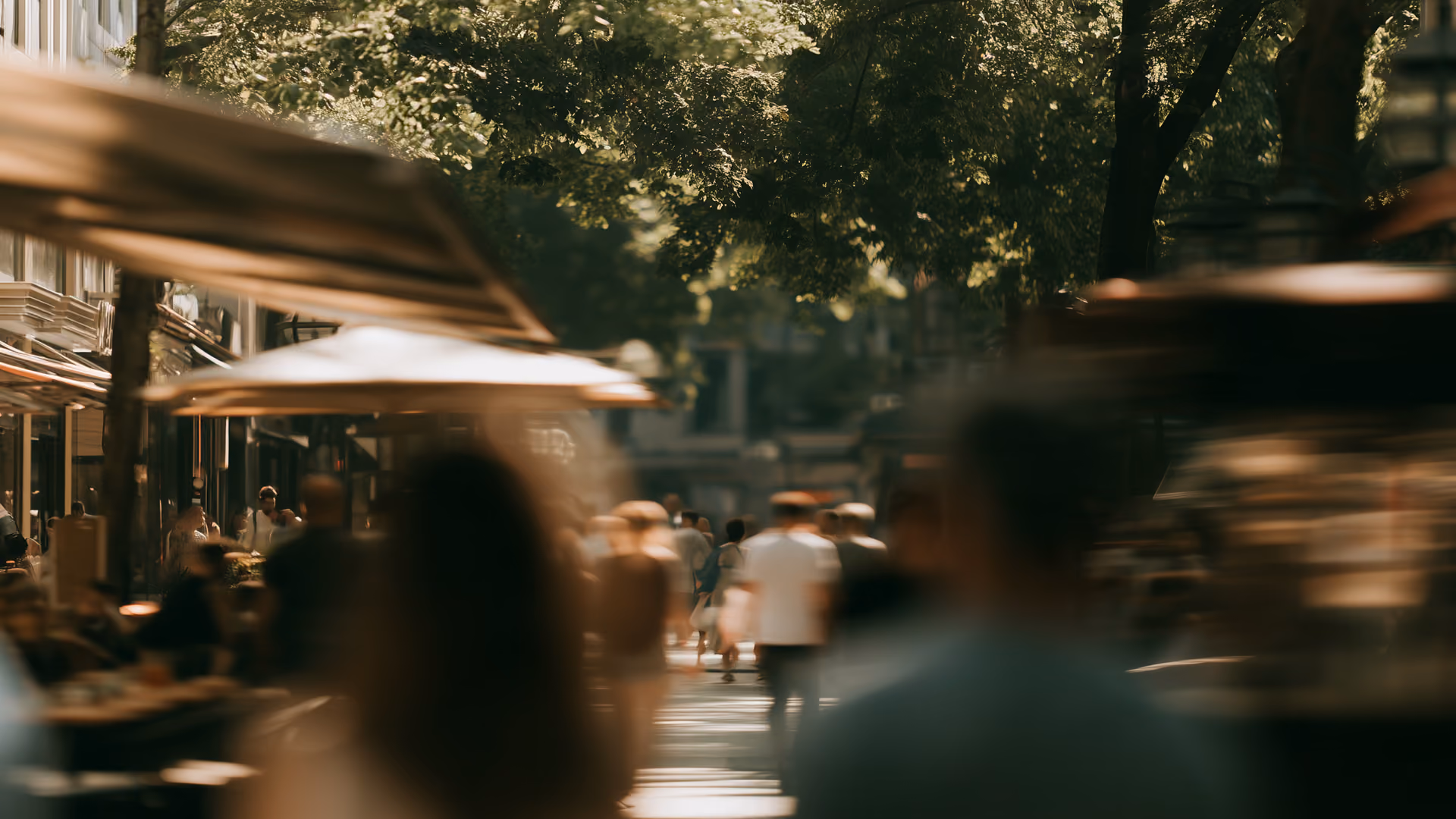 A busy city street in summer, pedestrians blurred by motion under trees.